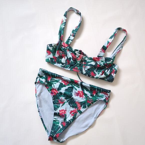 Victorias Secret Bikini Swimsuit Blue Palm Floral Underwire Demi High Rise S 34C - Picture 5 of 9